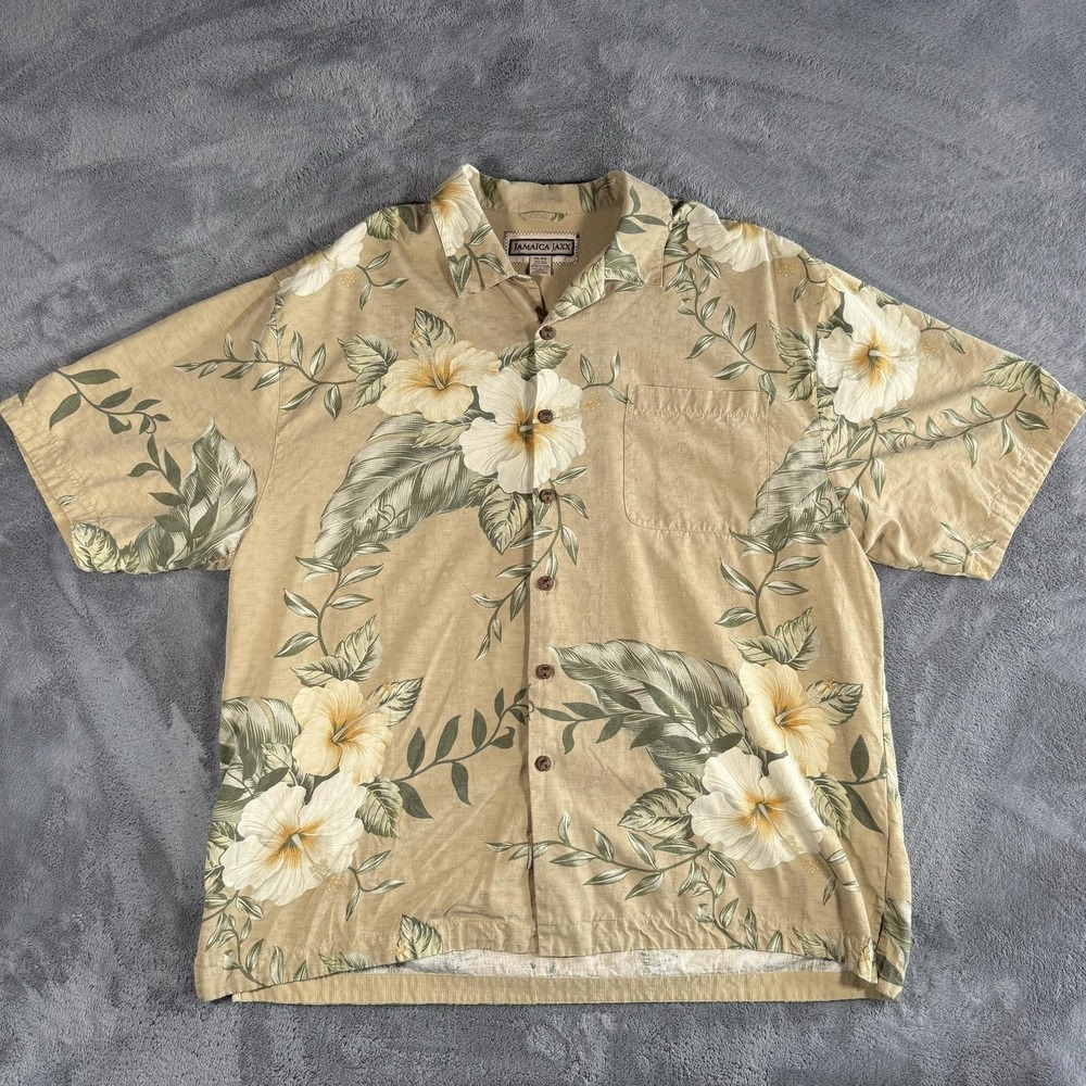 Jamaica Jaxx Button Up Shirt Mens Size XL Beige Silk Hawaiian Floral Tropical